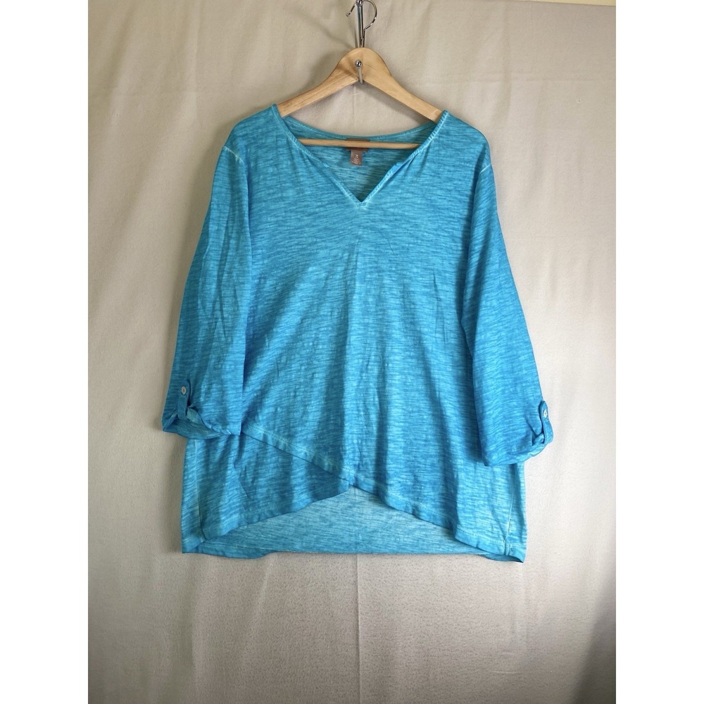 Chico's Knit Top Womens 3 Turquoise Tulip Hem V Neck 3/4 Sleeve Casual